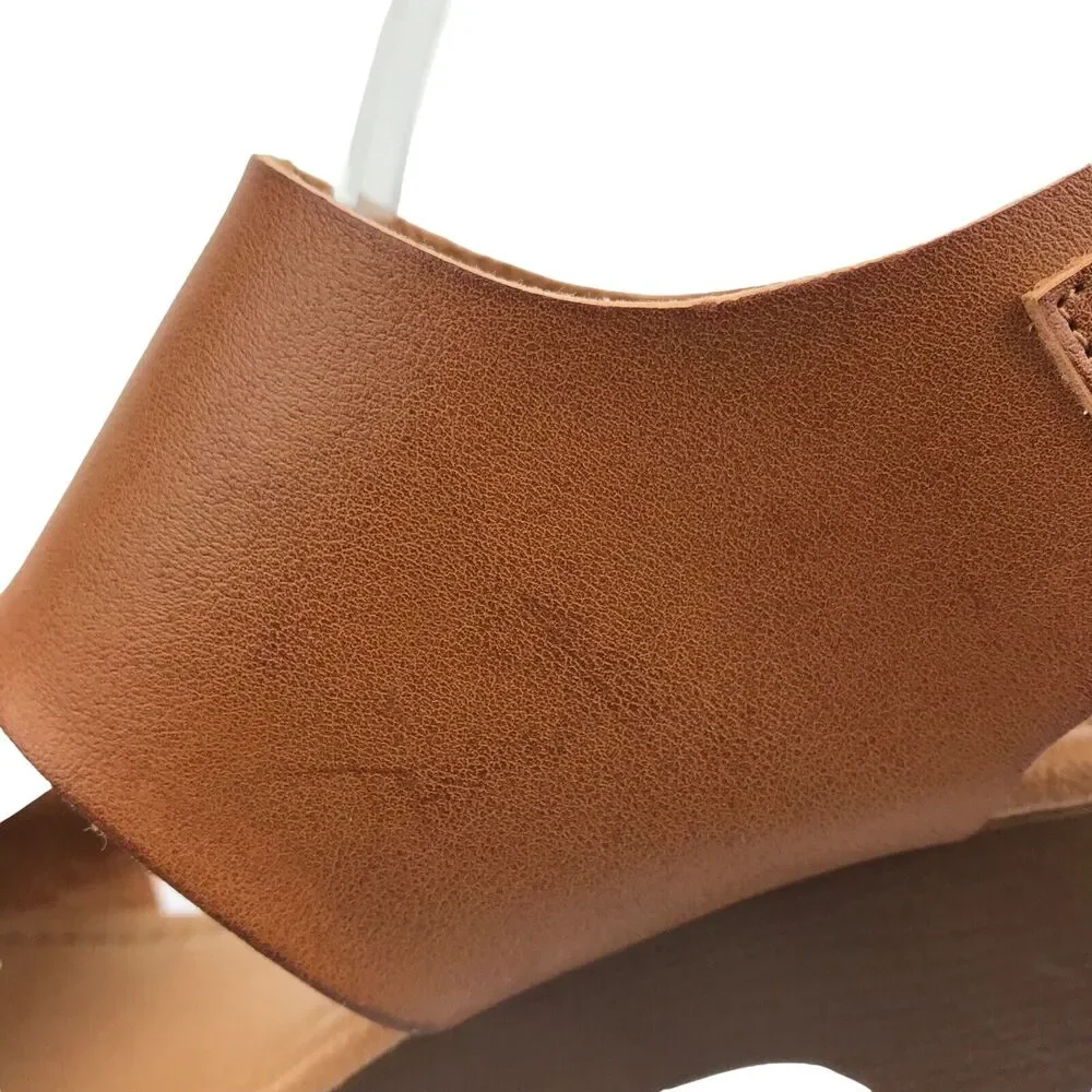 Madden Girl Platform Sandals Block Heel Brown Faux Leather Wood Look Retro Sz 10